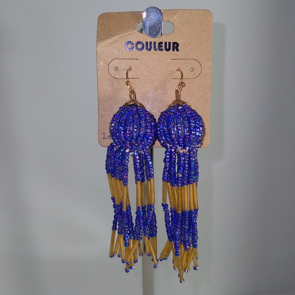 Blue and Gold Iridescent Beaded Tassel Earrings 3 FOR $13 Sale